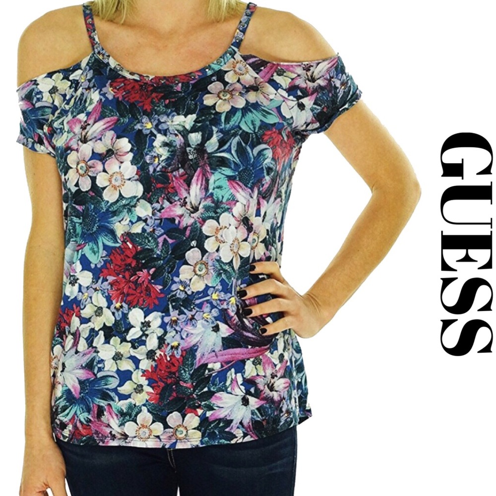 GUESS Floral Embellished Short Sleeve Top Size M